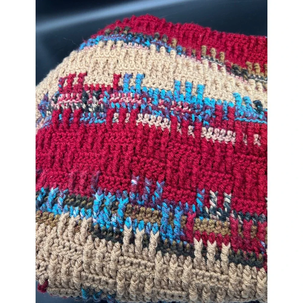 Handmade Crochet Burgundy Teal Taupe Throw Afghan Blanket Stripe Geo 33